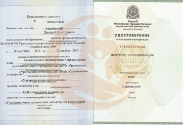 Приложение к диплому "Ультразвуковая диагностика заболеваний сосудистой системы",  2017г.