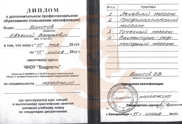 Диплом ЧНОУ "Бодрость" о повышении квалификации "Массажист" 2015 г.
