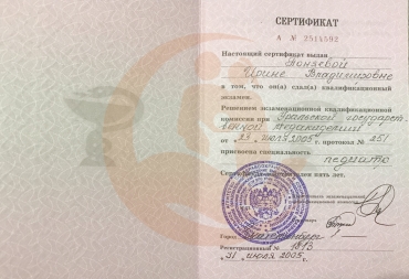 Сертификат УГМА, специальность Педиатр, 2005г.