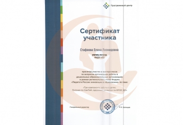 Сертификат участника мастер-класса "Три компонента заботы о детях: Питание по СанПиН, здоровье, развитие по ФГОС ДО"