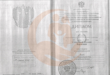 Диплом о том что присвоена квалификация Врач по специальности "Лечебное дело" 2008 г.