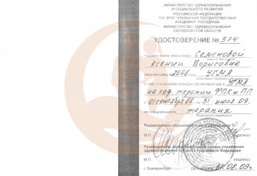 Удостоверение, Интернатура по специальности "терапия", 2009 г.